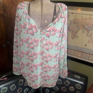 Chic LC Lauren Conrad Mint Green Pink Floral Sheer Blouse - Size L